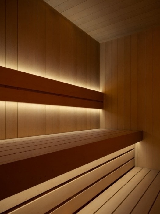 Sauna with LED lighting under bench and behind backrest